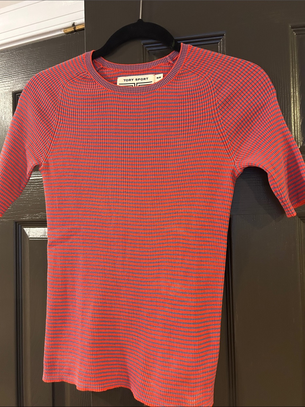 Tory Sport Red and Blue Micro-Striped Ribbed Short Sleeve Top